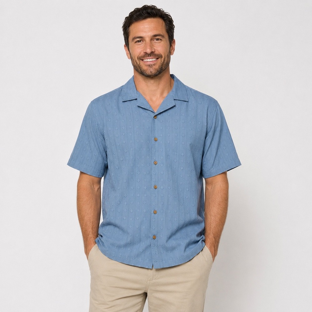 Tricots St Raphael Button Down Shirt Mens XXL Blue Dobby Diamond Short Sleeve